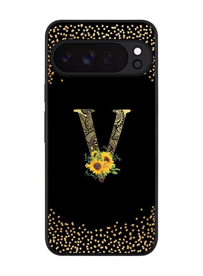 For Google Pixel 10 Pro XL Case,Slim fit Camera Protection, Shockproof Thin Phone cover  - Custom Floral Monogram - V ( Black )